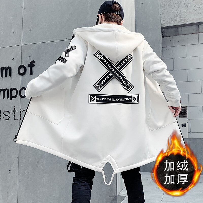 Fleece Winter Jacket Men Printed Japanese Hooded Long Trench Coat Black Hip Hop Streetwear Thick Jacket Mens Windbreaker Coat: White / 4XL