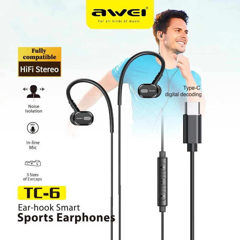 Awei TC-6 słuchawki przewodowe słuchawki douszne typu C zestaw słuchawkowy do telefonu słuchawki douszne z mikrofonem Stereo USB C z wtyczką basową