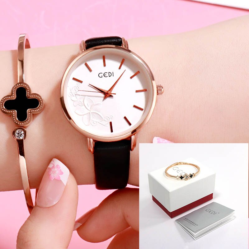 GEDI Frauen Uhr Ultra-dünne Quarzuhr Einfache Stil Geschäft Uhr Dame Lederband Uhr Frauen Armbanduhr Reloj mujer: Schwarz Kasten