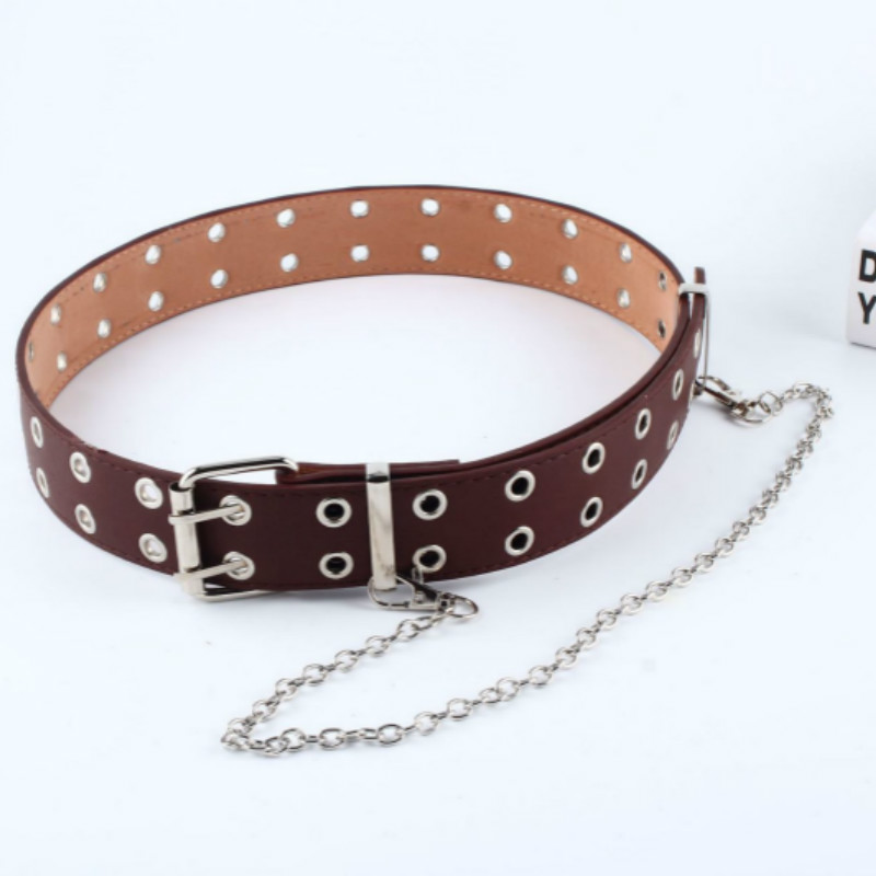 Vrouwen punk ketting riem verstelbare zwarte dubbele/enkele oogje ring leren gesp riem: Dubbele koffie