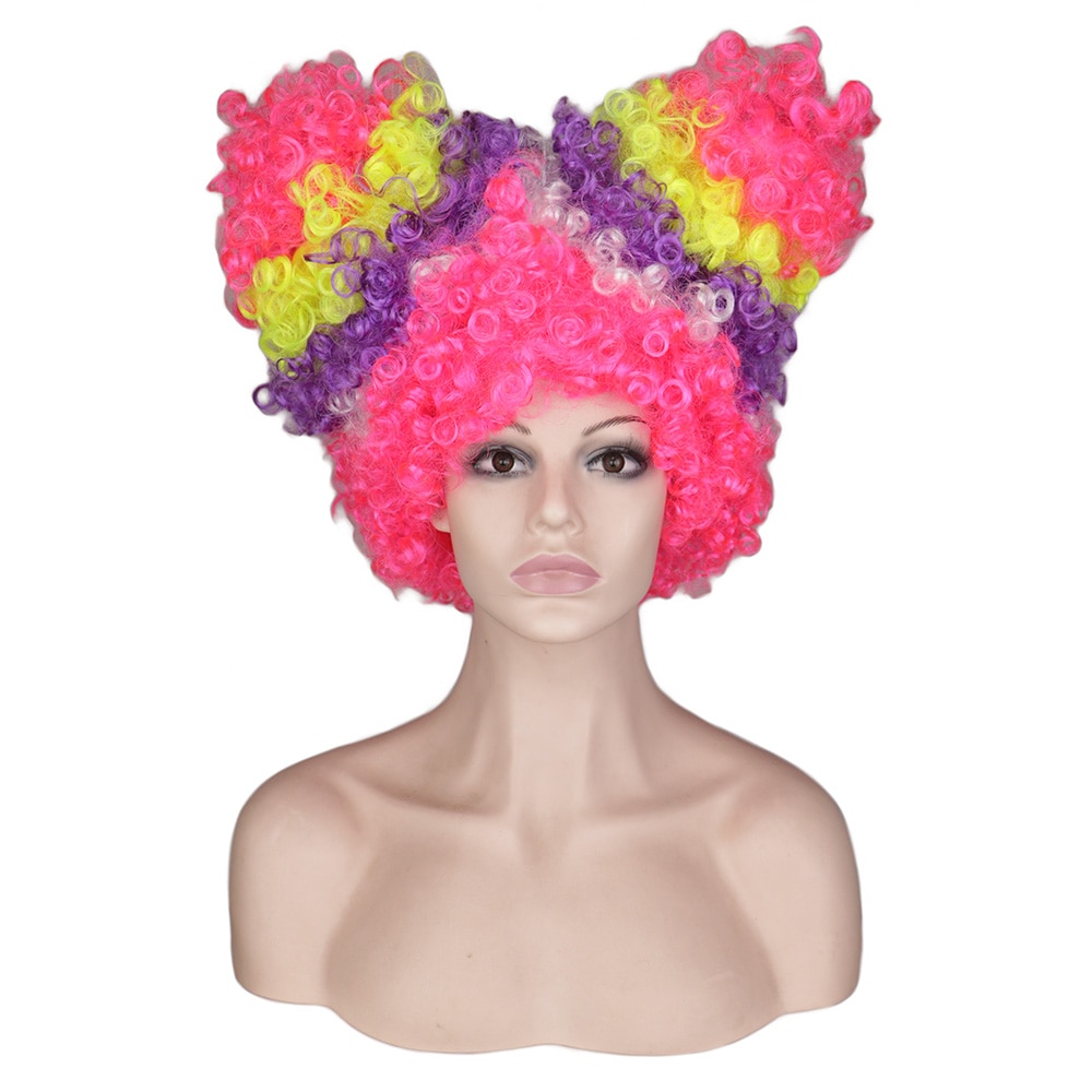 QQXCAIW Afro Clown Wig Rainbow Colorful Big Top Fans Cat Ears Party Dance Wigs Synthetic