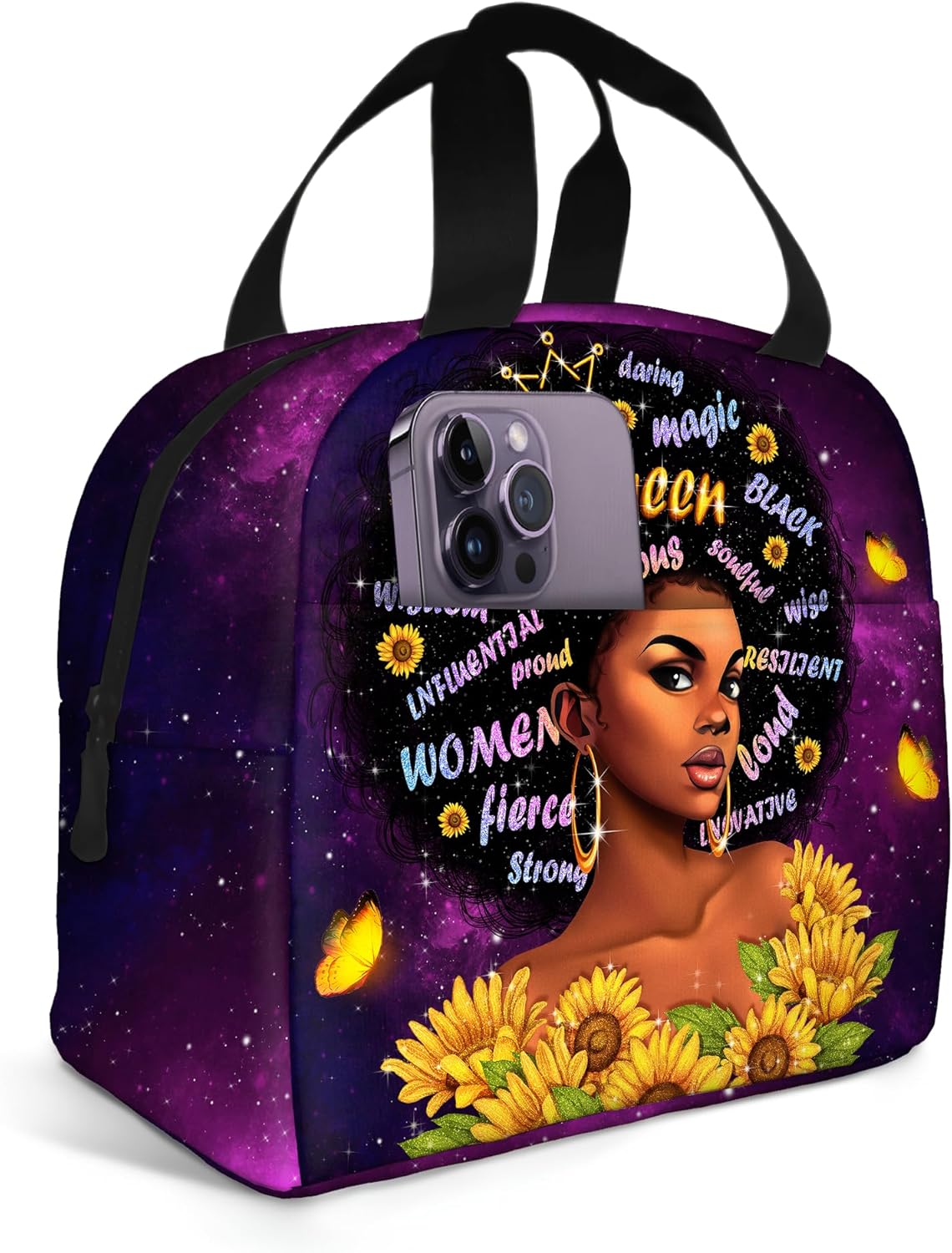 African American Women Lunch Bag Reusable Black Women Magic Insulated Lunch Box Portable Tote Bag for Women Travel Hiking: Beige