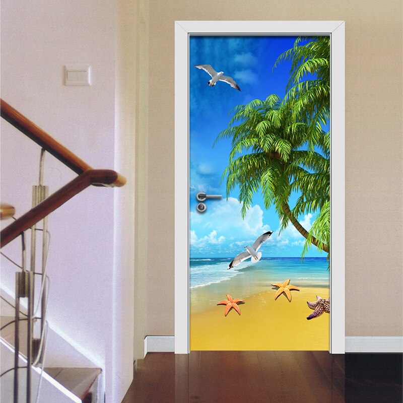 PVC Self-Adhesive Waterproof Door Sticker Seaside Beach Landscape Wallpaper 3D Wall Mural Home Decor Door Decals Vinyl Stickers