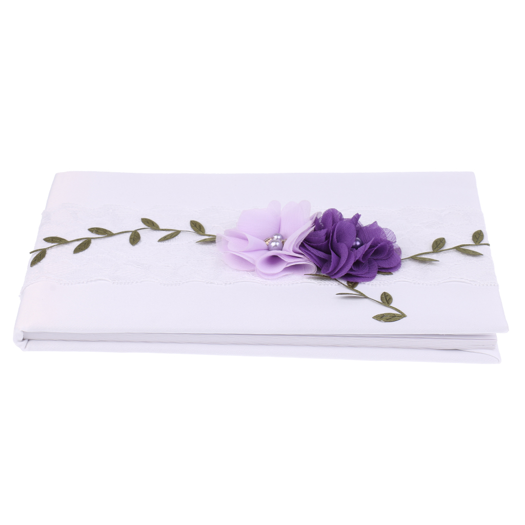 White Satin Purple Floral Wedding Guest Book Signature Book Supplies