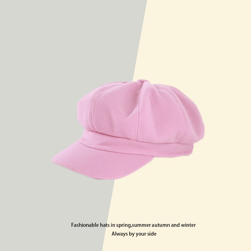 Ladies Womens Girls Black 8 Panel Wool Blend Baker Boy News Boy Flat Cap Hat: Pink