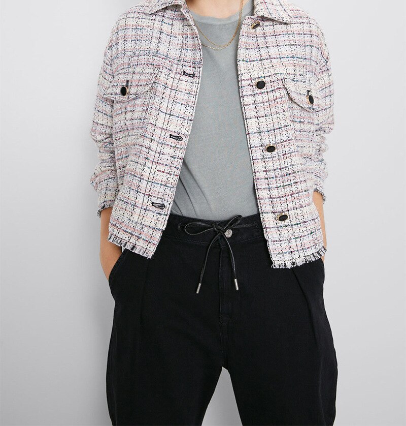 Manteau court Vintage à franges pour femmes, veste à carreaux avec poches et boutons, vêtement d'extérieur Chic,