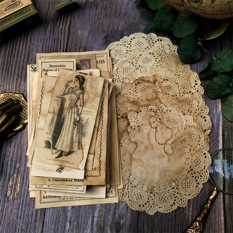 41 Uds., Vintage TN, papel teñido de café hecho a mano, JunkJournalDIY, Bloc de encaje para libro de recortes, paquete de material para collage de imprimación de periódico