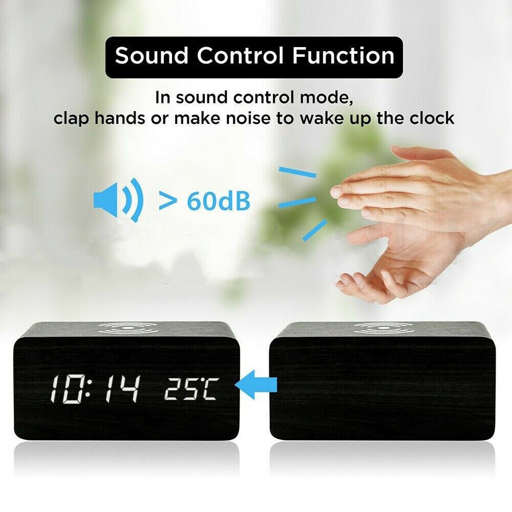 Modern Wooden Wood Digital LED Desk Alarm Clock Thermometer Wireless Charger