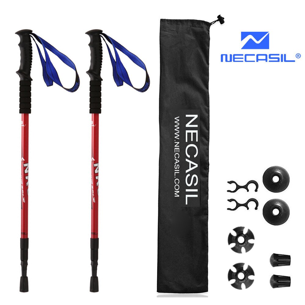Bastón ajustable antigolpes, bastón de aluminio fuerte y ligero para senderismo, muletas para caminar o Trekking, 1 par: Rojo