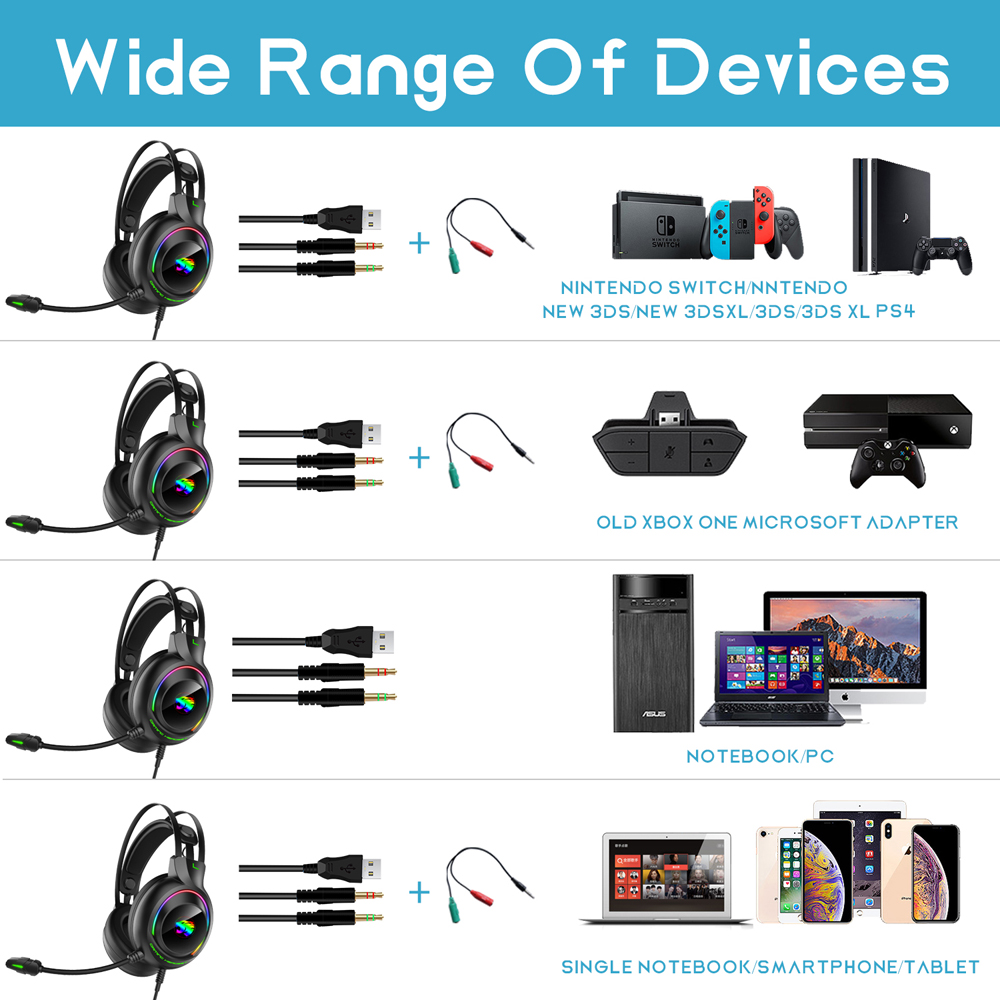 Gaming Headphones 4D Stereo RGB Marquee Earphones Headset with Microphone for Xbox One/Laptop/Computer Tablet Gamer