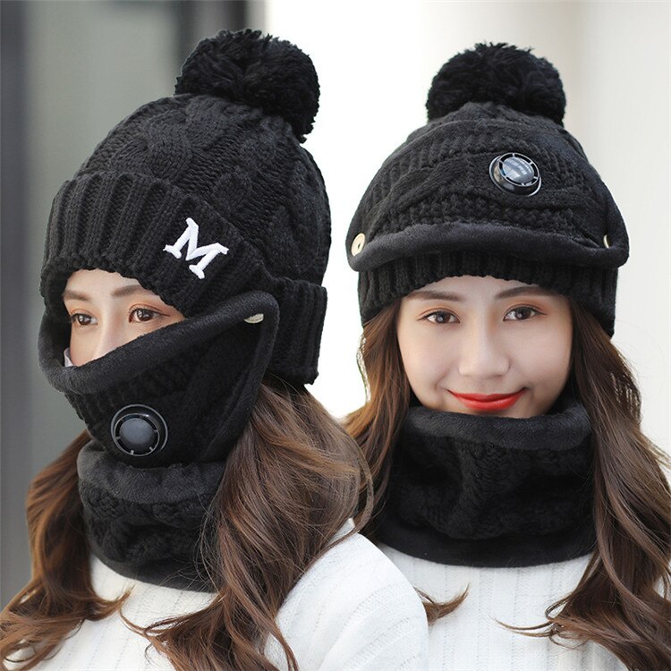 Vinter cykel hat kvinder 3 stykke varme uld beanies skullies hatte med maske krave hagesmæk kvindelig fløjl tykke anti-smogknit hætter: Sort