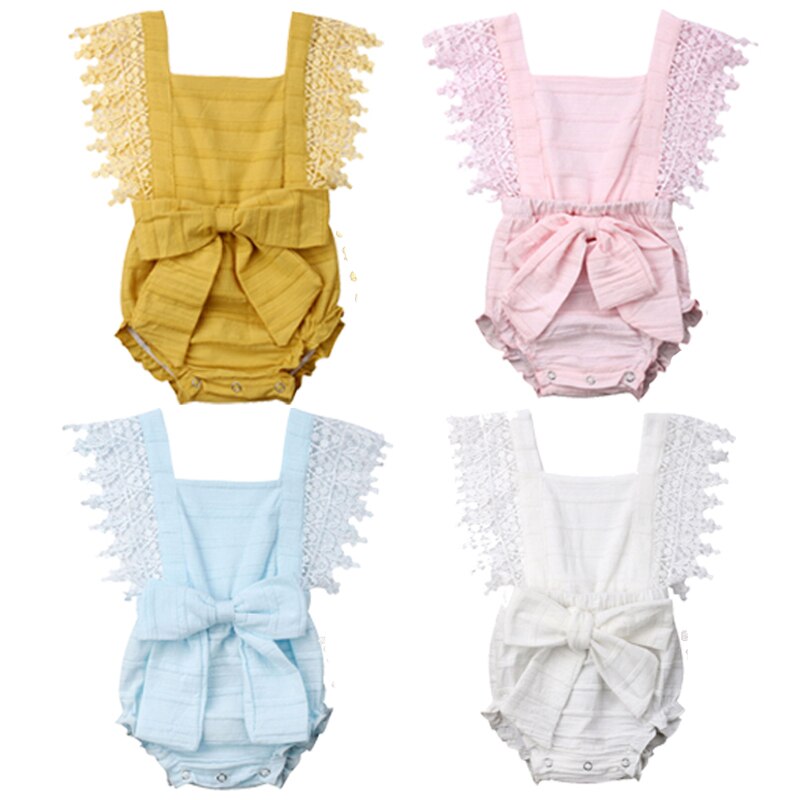 0-18M Nieuw Zomer Mooie Peuter Baby Meisjes Jongens Romper Lace Mouwen Effen Strik Jumpsuits Kleding