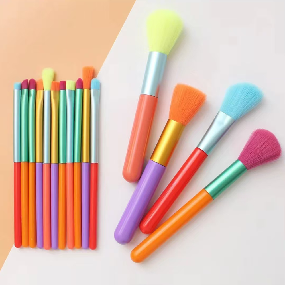 A set of 15 rainbow makeup brushes suitable for beginners - wand style , alcohol free polyester bristles,