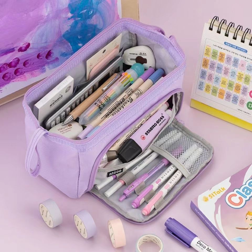 Cute Pencil Case Special Macaron Color Side Window Canvas Big Pencil Pouch Pen Box Storage Bag Student School Stationery: PURPLE