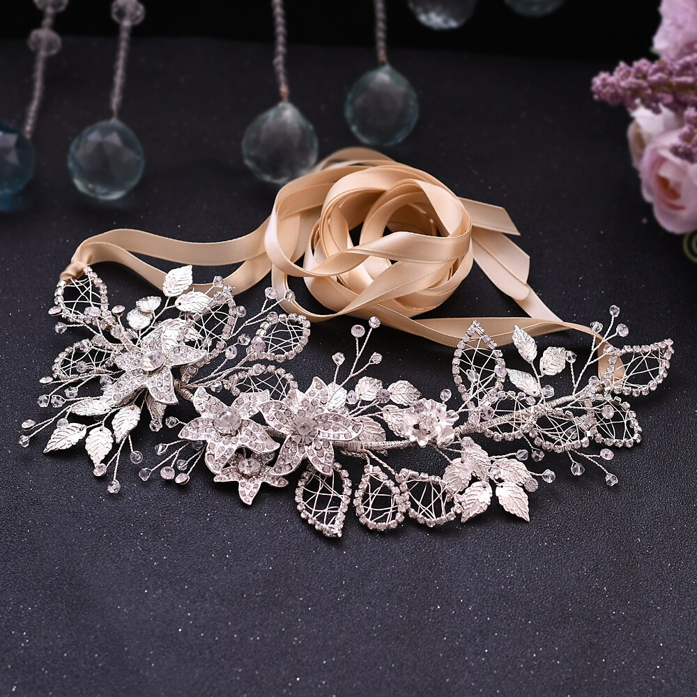 Cinturones de flores de aleación de plata, cinturón de diamantes de imitación para boda, joya femenina, faja para vestido, cinturón nupcial de diamantes de lujo para mujer: champagne ribbon