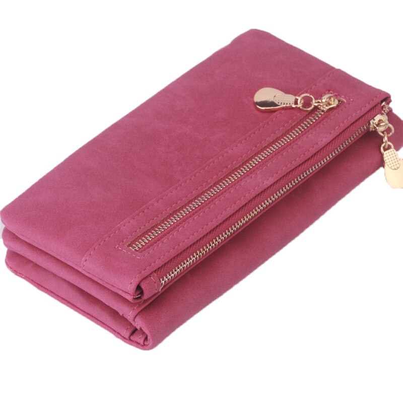 Women Wallets Dull Polish Leather Wallet Double Zipper Day Clutch Purse Wristlet Portefeuille Handbags Carteira Feminina: Rose red