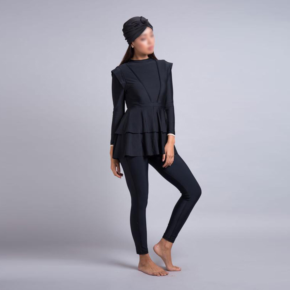 Costume da bagno 3 pezzi donna modestia nera Burkinis cuffia da nuoto increspature top pantaloni lunghi costume da bagno arabo musulmano costumi da bagno costumi da bagno