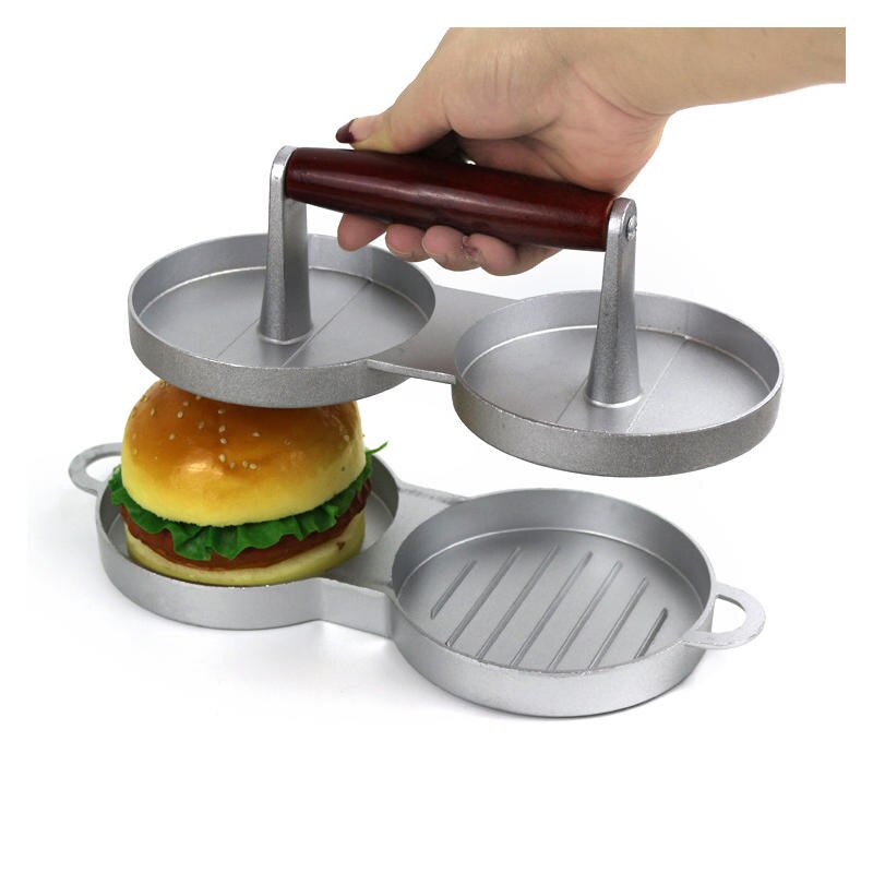 Holdbar aluminium non-stick mini burger presser træhåndtag kød oksekød bøffer maker skimmel køkken grillværktøj
