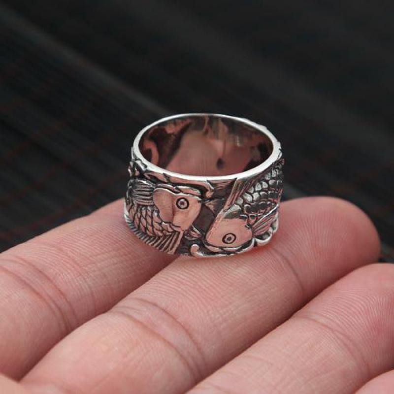 Anillos con forma de pescado para hombre y mujer, anillos con doble grabado, joyería de plata de ley 925 auténtica, para parejas