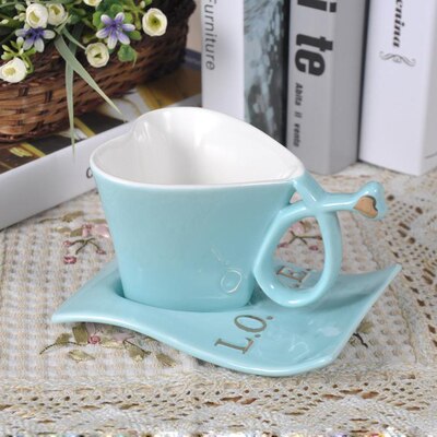 LOVE Heart Shape Lover Coffee Mug Ceramic Milk Mug with Plate Couple's Morning Tea Cup Office Water Cup for Girls: A