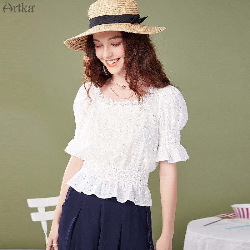 NOVEDAD DE VERANO , ARTKA, blusa para mujer, camisa con cuello cuadrado Vintage francés, blusa blanca ahuecada de algodón puro SA25200X
