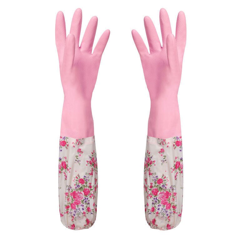 Blomst gummi fløjl lange handsker husholdningshandsker antiskid husholdning opvask rengøringshandsker: Lyserød