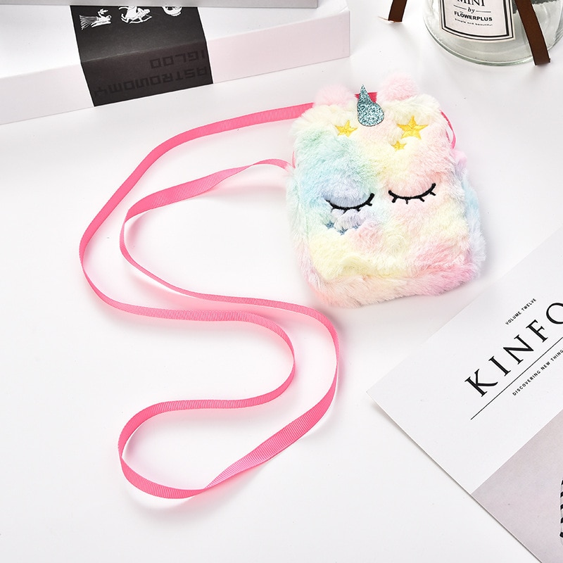 FUDEAM borsa portamonete per bambini unicorno morbido peluche simpatico cartone animato animale borsa a tracolla per bambini borsa da viaggio Mini Messenger femminile: Square Colorful