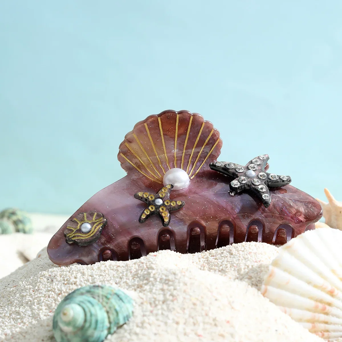DuoShang Summer Rhinestone Starfish Hair Claw Acrylic Claw Clips Beach Ocean Series Crab Hair Clips for Women Hair Accessories: Chocolate