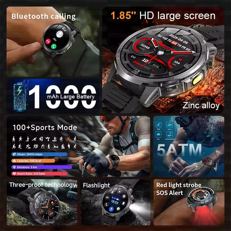 2026nuovo T-REX3 Astuto Della Vigilanza fitness Orologio 1000mAh Batteria di Grandi Dimensioni 10ATM Torcia Elettrica Impermeabile BT Chiamata di fitness Uomini sport Smartwatch