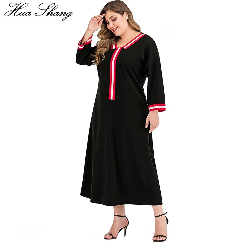 Plus size kvinder sommer afslappet kjole langærmet kvindelig patchwork v-hals solid sort maxi lange kjoler dame tunika kjole