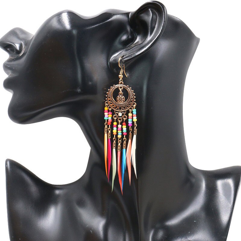 Tribal Etnische Dream Catcher Oorbellen Imitatie Veer Kwastje Overdreven Persoonlijkheid Oorbellen Bohemian Stijl Dames Sieraden