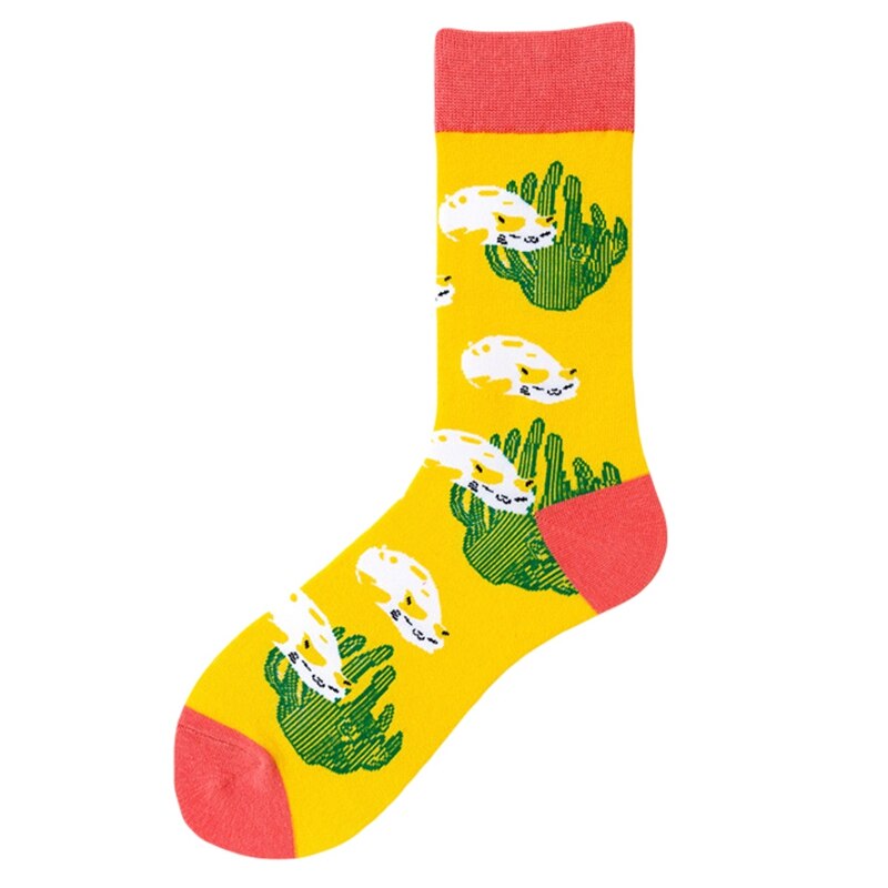Bomuld unisex sport sokker fashionable harajuku farverige sjove print tegneserie mønster kjole sokker: B-kaktus