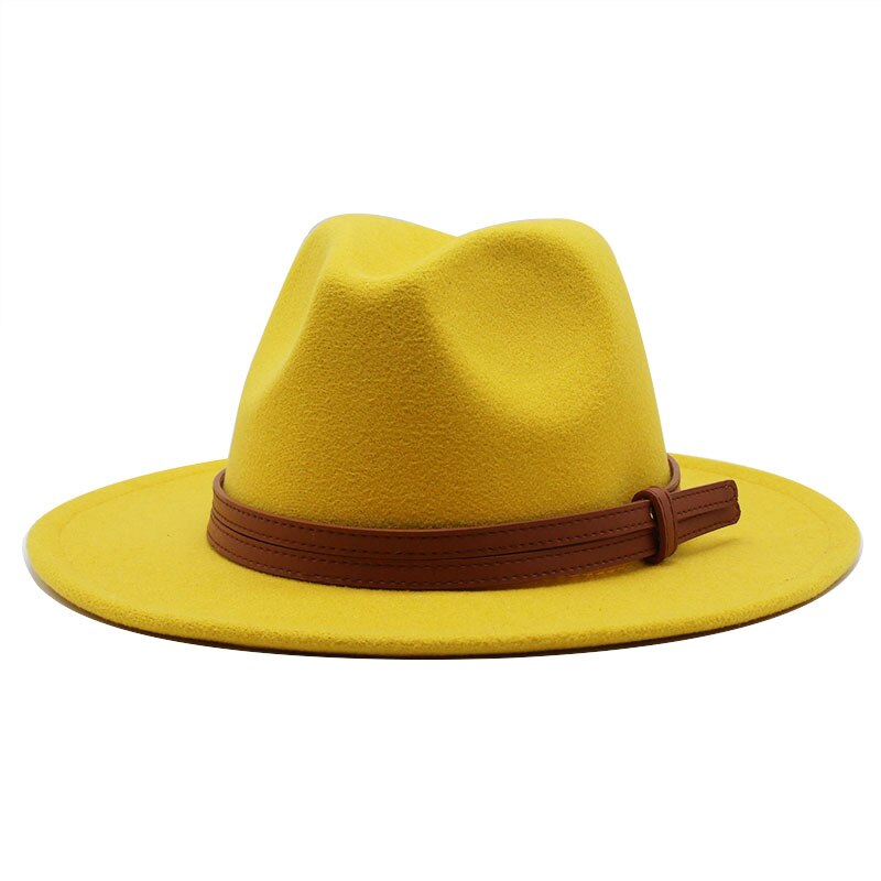 Chapeau fedora d'hiver en laine pour femme, casquette en feutre à large bord, chapeau trilby pour homme, panama, fête formelle, haut-de-forme, 19 couleurs: Jaune