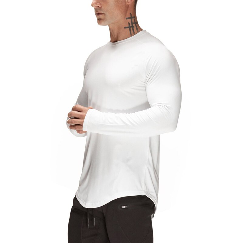 Løbe t-shirt mesh langærmet sport skjorte mænd fitness t shirt fitness tøj dry fit joggers kompression t-shirt træningstop: Hvid / M