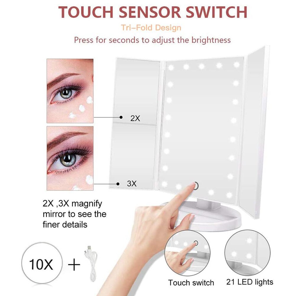 LED Makeup Vanity Mirror Tri-Fold 2X 3X Magnification Touch Dimming Mirror