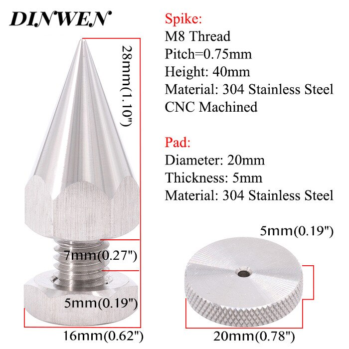 304 Stainless Steel Speaker Spike M6 M8 M10 Thread AMP Studio Monitor Turntable Pad 40mm Instrument Isolation Stand Cone Foot: M8 Thread