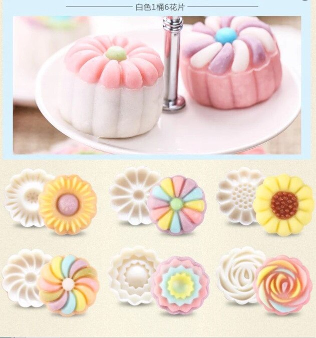 50G 3D Chinese Maan Cake Mallen Plastic Mooncake Mallen Set Hand Druk Cookie Vorm 6 Witte Chrysant Bloemen Mooncake postzegels