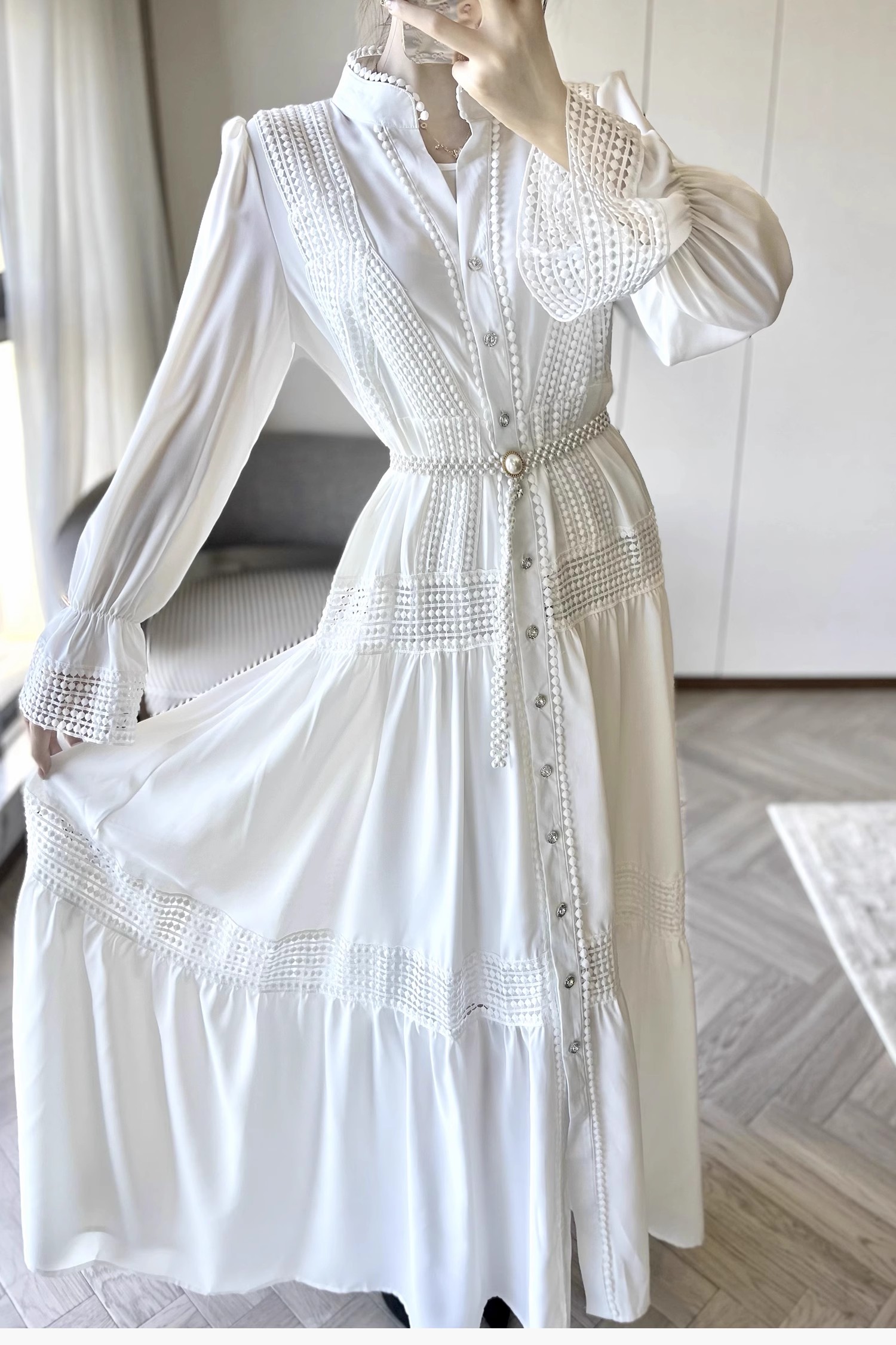 Vintage lös vit klänning bodycon enkelknäppt damkläder catwalk maxi vestidos