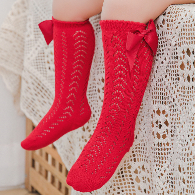 Calcetines de algodón con lazo grande para niñas, medias cómodas con agujeros, hasta la rodilla, de 0 a 5 años: Rojo / S