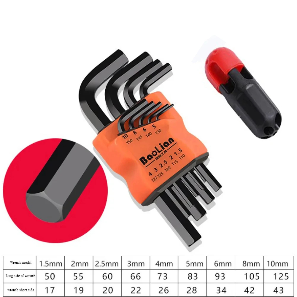 Juego de 9 Uds de llaves hexagonales, herramienta de llave Allen, llave cuadrada Torx, extremo de bola larga Hexagonal interior, llave L de 1,5 - 10mm con mango en T: Plata