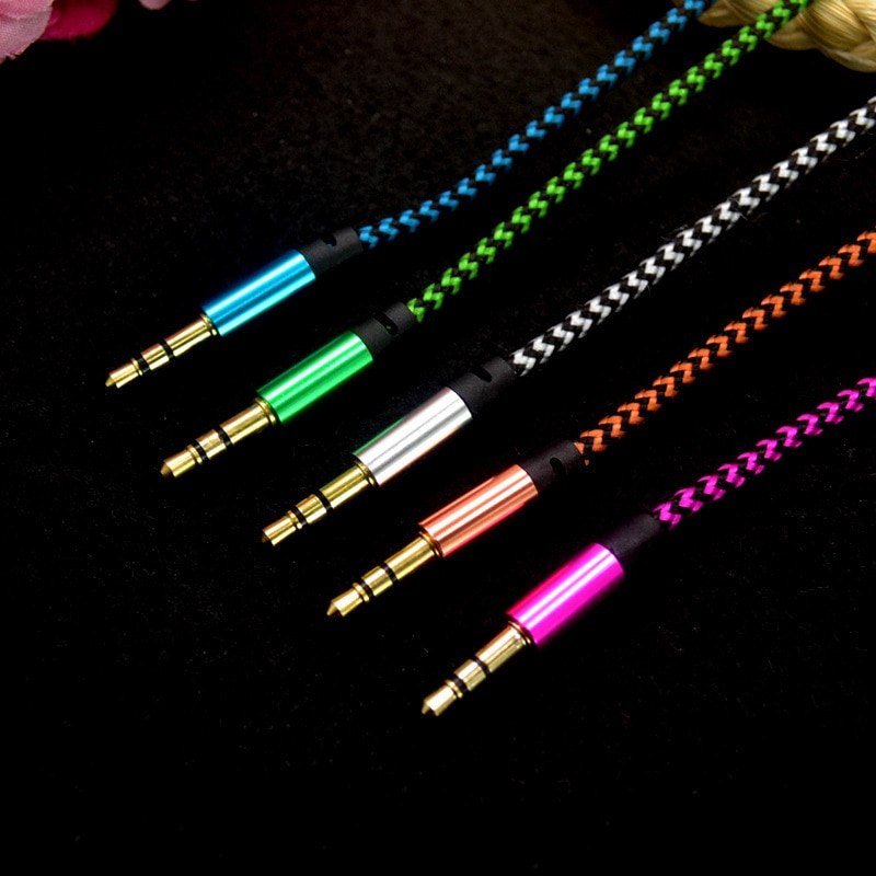 Bil aux ledning 1m nylon jack audio kabel 3.5 mm to 3.5mm aux kabel han til han klud audio aux kabel guld stik til iphone højttaler