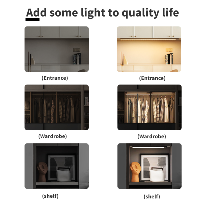 Lumière d'armoire Led avec capteur de mouvement, Rechargeable par USB, trois couleurs dans une lampe pour cuisine, garde-robe, éclairage intérieur 10/20/30/40/60cm