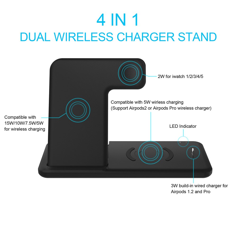 15W Qi Fast Wireless Charger Stand For iPhone 11 XS XR X 8 Samsung S10 S20 4 in 1 Charging Station for Apple Watch Airpods pro