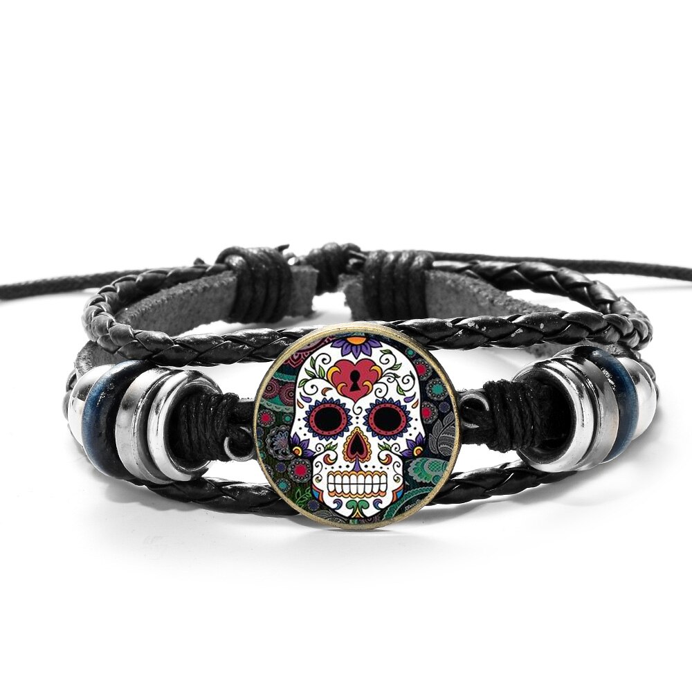 SIAN Sugar Skull Mexico Folk Art Patterns Bracelet Multilayer Braided PU Leather Bracelet Men Women Day of The Dead Special