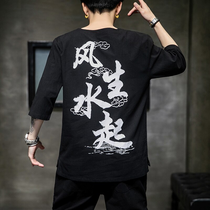 Japanska män kort halvärmad kimonoskjorta t-shirt broderad japan harajuku byxa asiatisk manlig yukata haori koftadräkt: Färg 2 / Xl