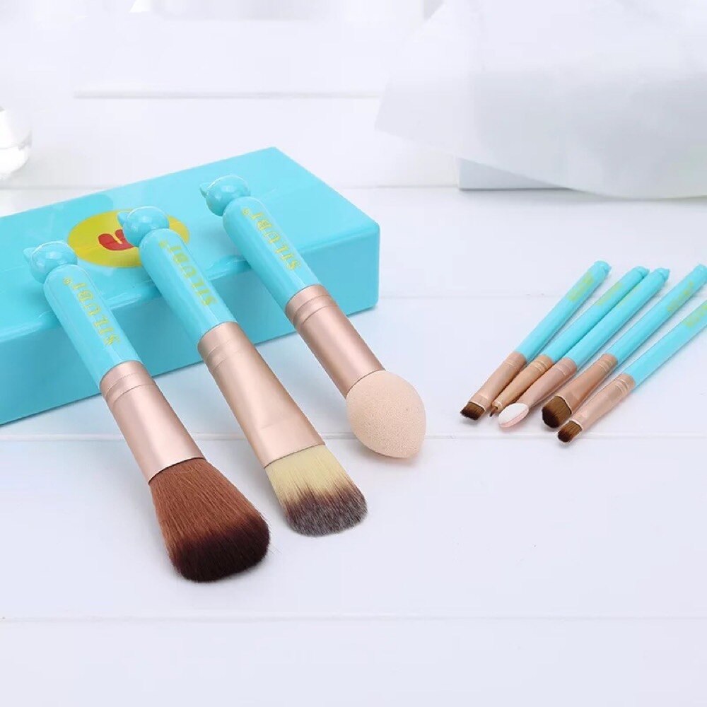 Schattige make-up kwastenset  of 8 nylon haar foundation kwast blush kwast poeder puff kwast lippen kwast een complete set make-up zelfs: Blauw