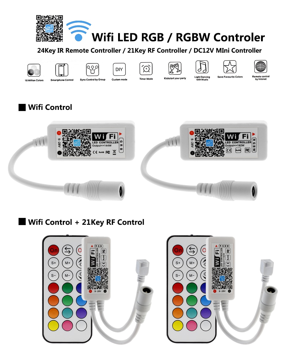 Wifi rgb / rgbw led controller mini  dc12v med  rf 21 nøgler  / ir 24 nøgle fjernbetjening med batteri til rgb / rgbw led strip lys