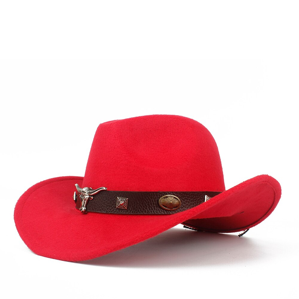 Barn barn ull ihålig western cowboyhatt roll-up brim pojke tjej svart sombrero hombre jazz keps storlek 52-54: Röd