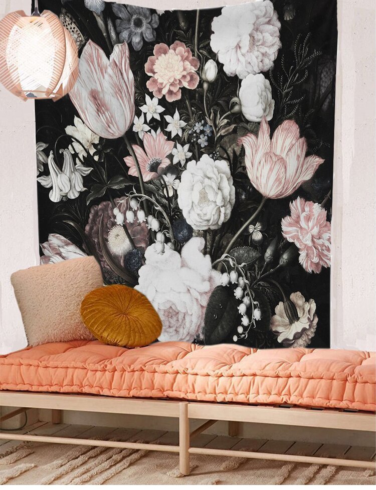 Black Blossoms Beautiful Flower Wall Hanging Floral Tapestry Fabric Wallpaper Home Decor 130x150cm