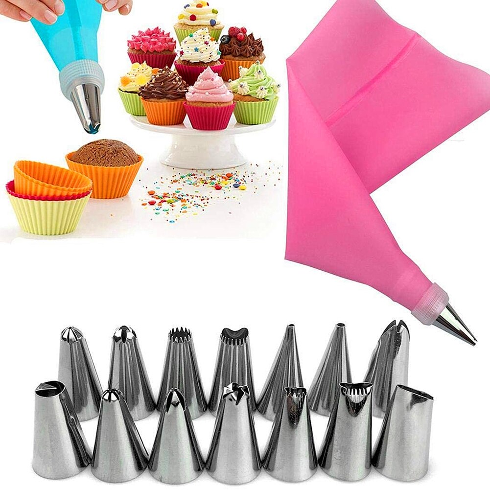 Aa 16 st/set verktyg för tårttillverkning, glasyrmunstycken + konditorivaror + omvandlarkopplingsverktyg för muffinsdekoration: B